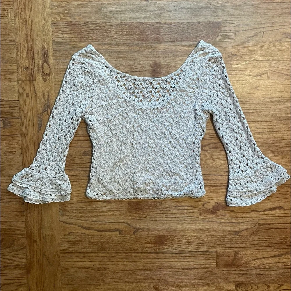 Free People Rosehip Mink Nude Knit Crochet Bell Sleeve Top S